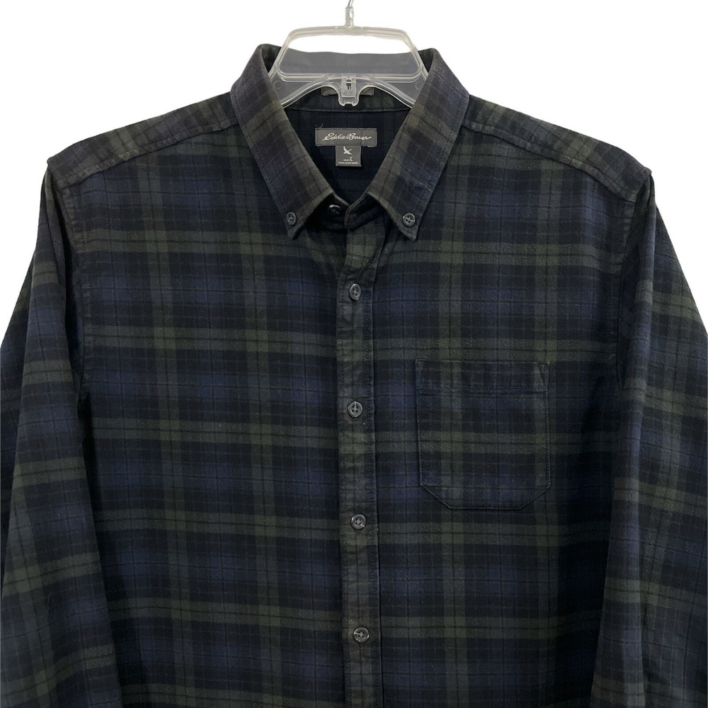 Eddie Bauer Flannel Shirt Mens L Green Blue Plaid Slim Fit Cotton Button Down
